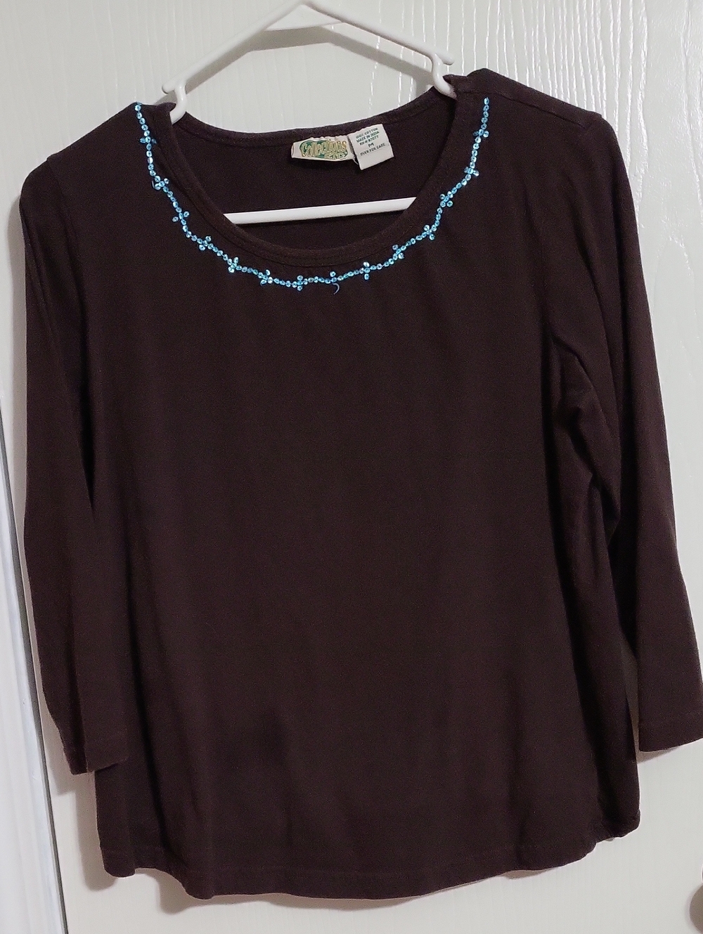 Shirt-Women's Brown Long Sleeve Top with Turquoise Beaded Neckline #3236